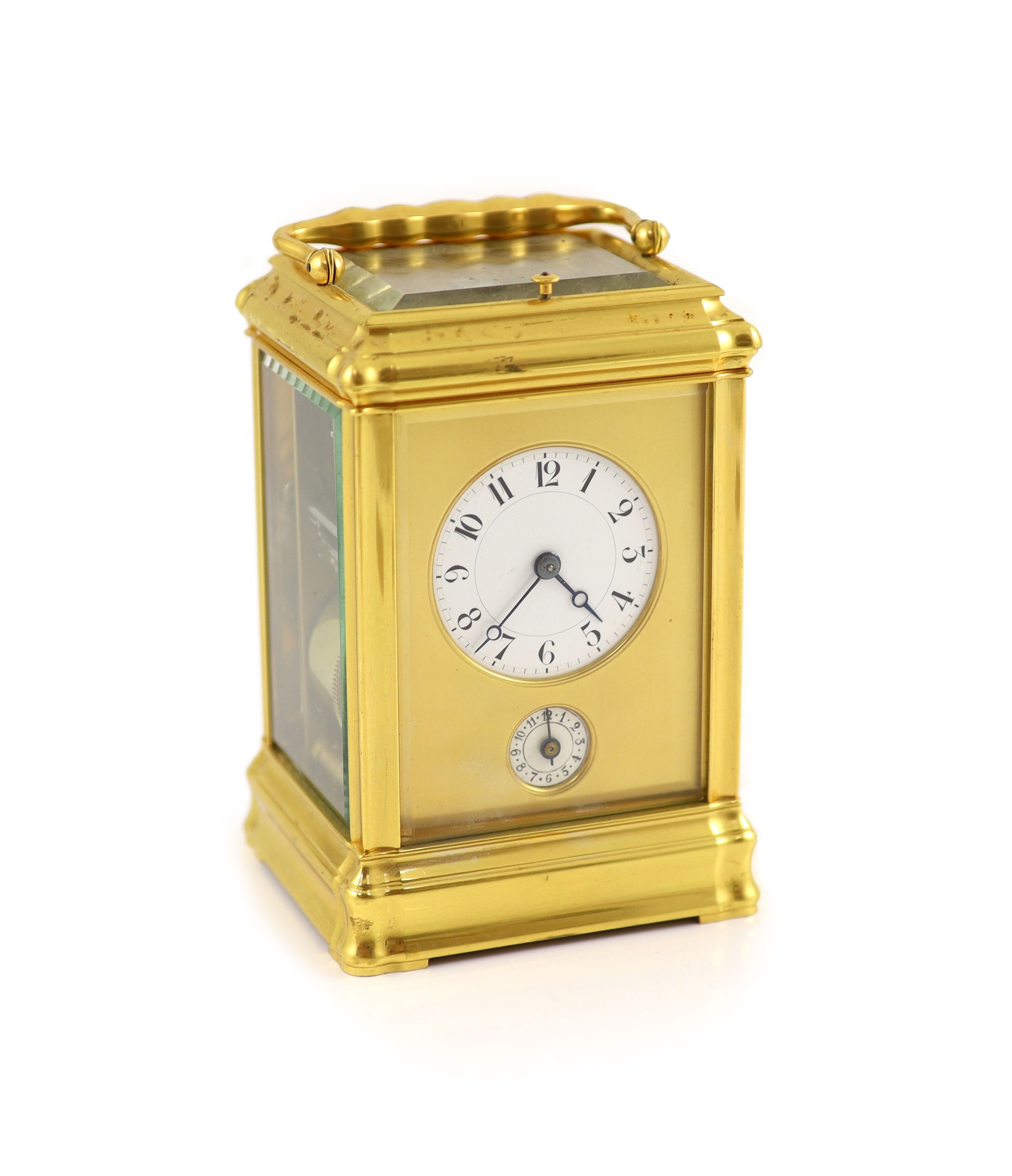 An early 20th century French quarter repeating Grand Sonnerie carriage alarum clock H 15cm. W 9.5cm. D 8.5cm.